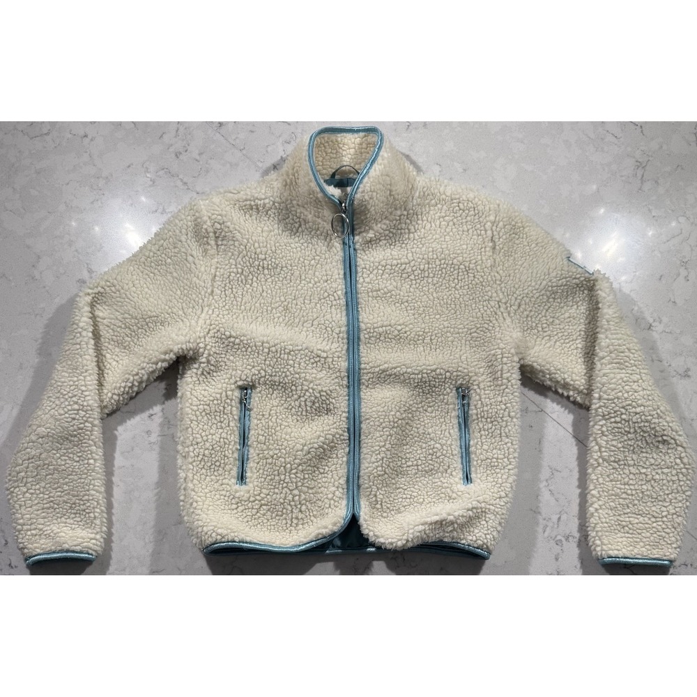 Ivory Ella "Chloe" Sherpa Jacket Womens XS Cream Blue Satin Lined Full Zip Logo